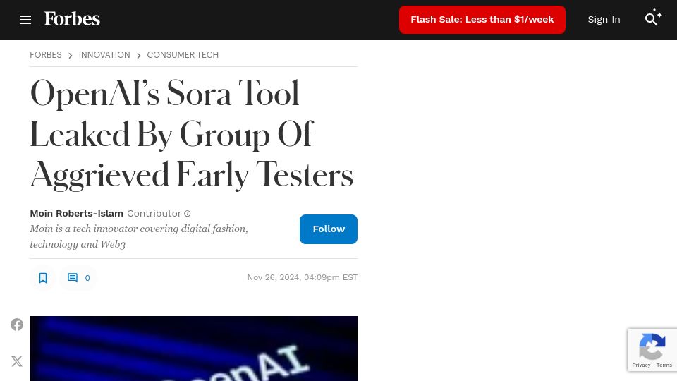 Screenshot of forbes.com: OpenAI's Sora Tool Leaked by Group of Aggrieved Early Testers