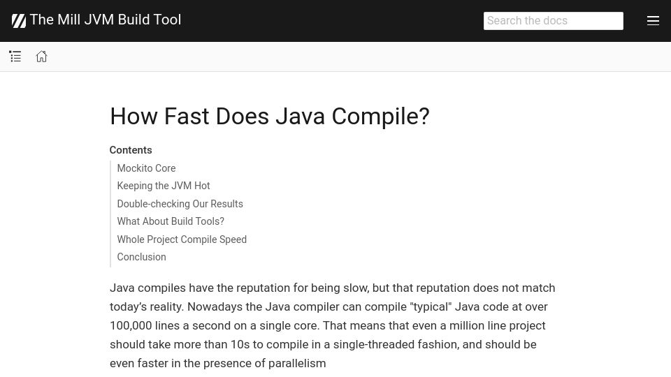 Screenshot of mill-build.org: How fast does Java compile?
