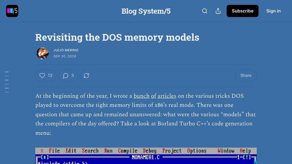 Screenshot of blogsystem5.substack.com: Revisiting the DOS Memory Models