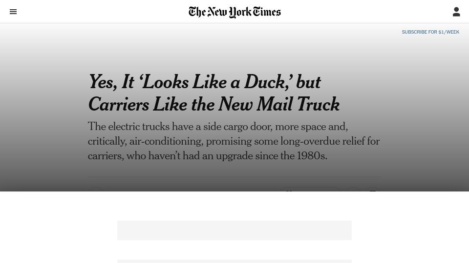 Screenshot of nytimes.com: Yes, it ‘looks like a duck,’ but carriers like the new USPS mail truck