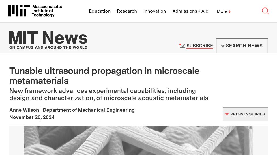 Screenshot of news.mit.edu: Tunable ultrasound propagation in microscale metamaterials