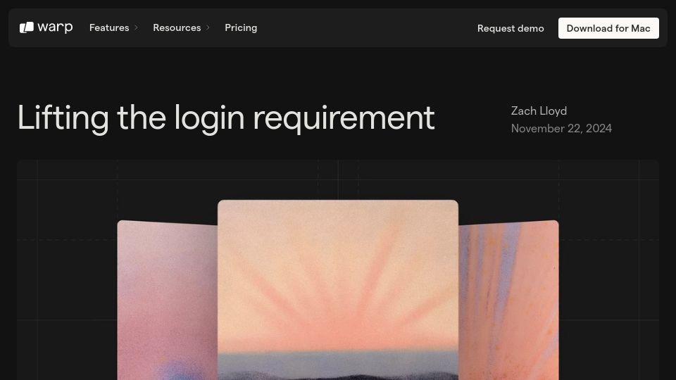 Screenshot of warp.dev: Warp terminal – no more login required