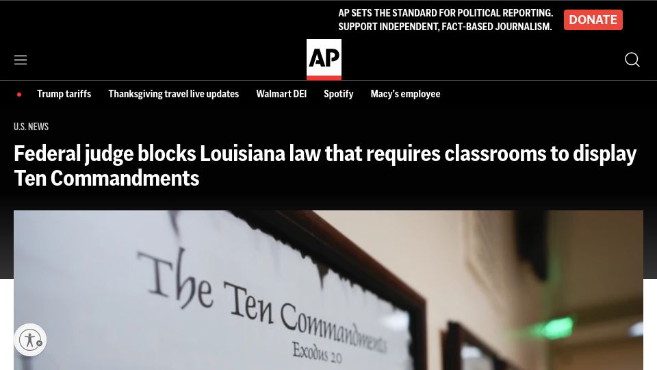 Screenshot of apnews.com: Judge blocks Louisiana law that requires classrooms to display Ten Commandments