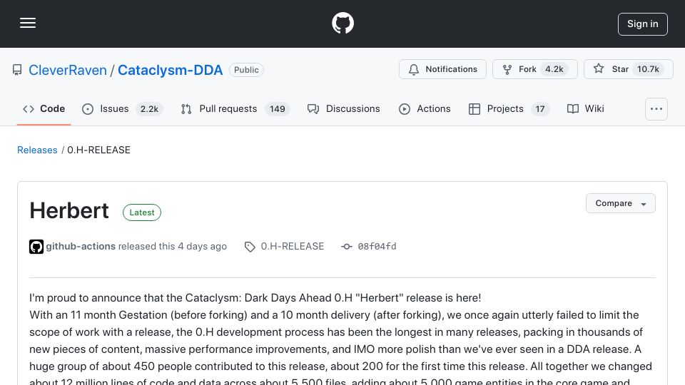 Screenshot of github.com: New release of Cataclysm-DDA, 0.H-RELEASE