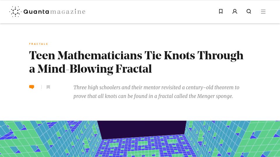 Screenshot of quantamagazine.org: Teen mathematicians tie knots through a mind-blowing fractal