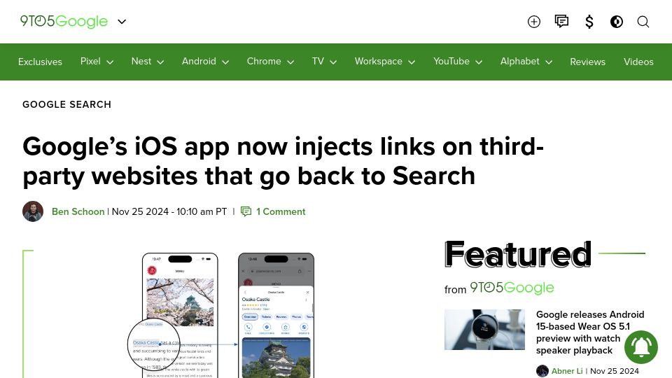Screenshot of 9to5google.com: Google's iOS app now injects links on third-party websites that go to Search