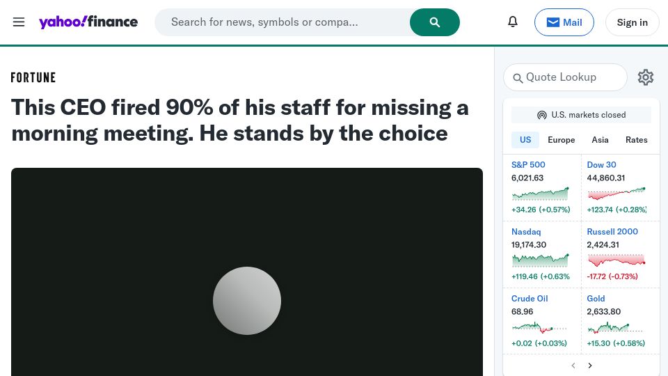Screenshot of finance.yahoo.com: CEO fired 90% of staff for missing a morning meeting. He stands by the choice