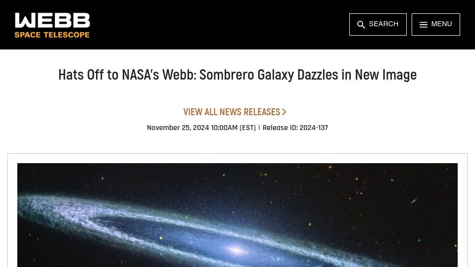 Screenshot of webbtelescope.org: Hats Off to NASA's Webb: Sombrero Galaxy Dazzles in New Image