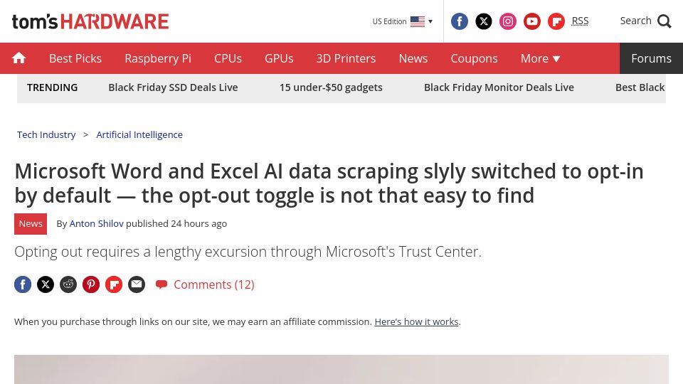 Screenshot of tomshardware.com: Microsoft Word and Excel AI data scraping slyly switched to opt-in by default