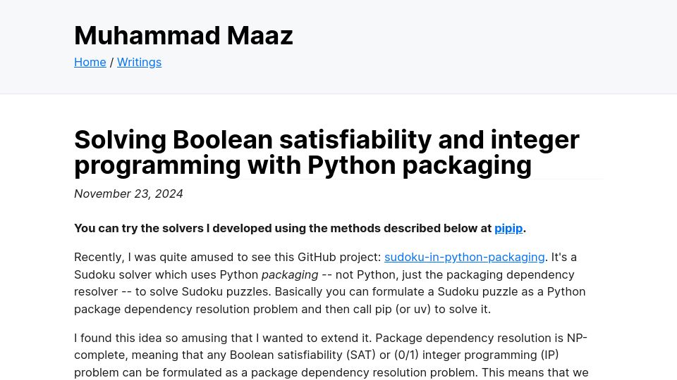 Screenshot of mmaaz.ca: Solving Boolean satisfiability and integer programming with Python packaging