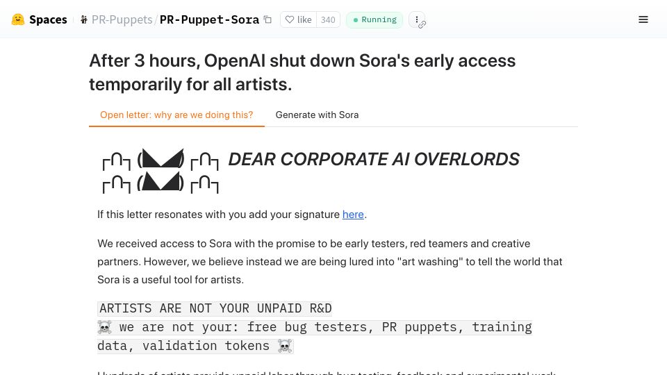 Screenshot of huggingface.co: OpenAI Sora allegedly leaked to Hugging Face