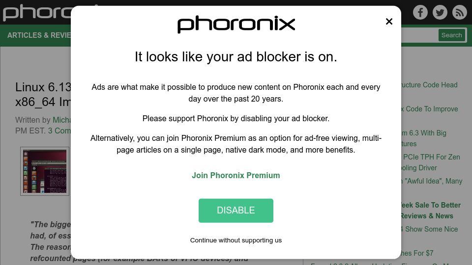 Screenshot of phoronix.com: Linux 6.13 KVM Eliminates an "Awful Idea", Many x86_64 Improvements