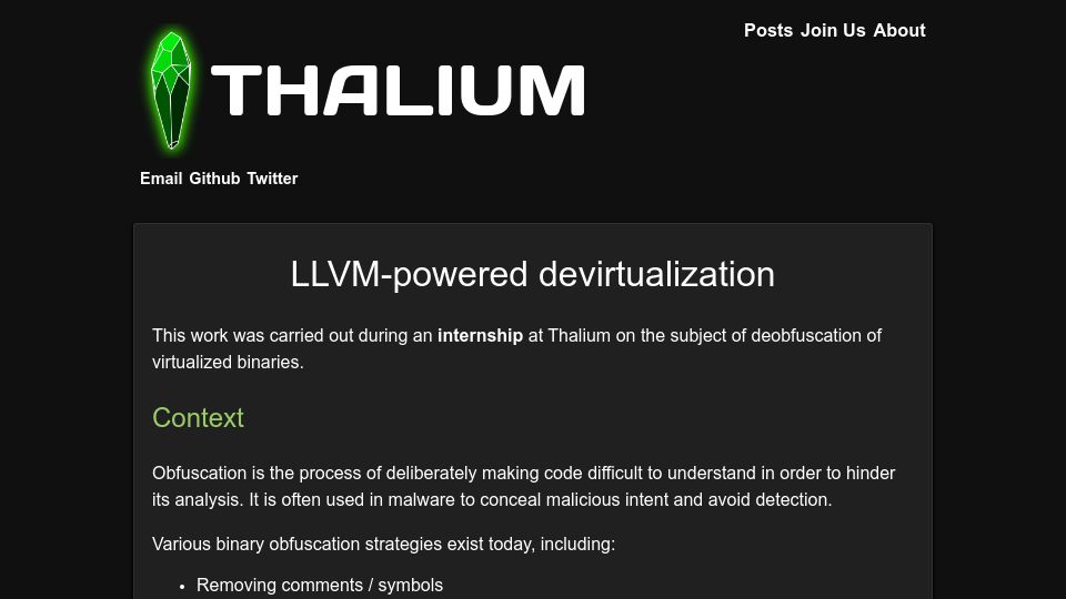 Screenshot of blog.thalium.re: LLVM-powered devirtualization