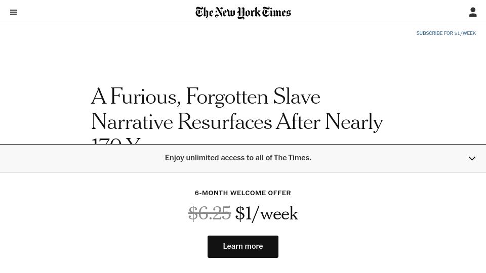 Screenshot of nytimes.com: A slave narrative resurfaces after nearly 170 years