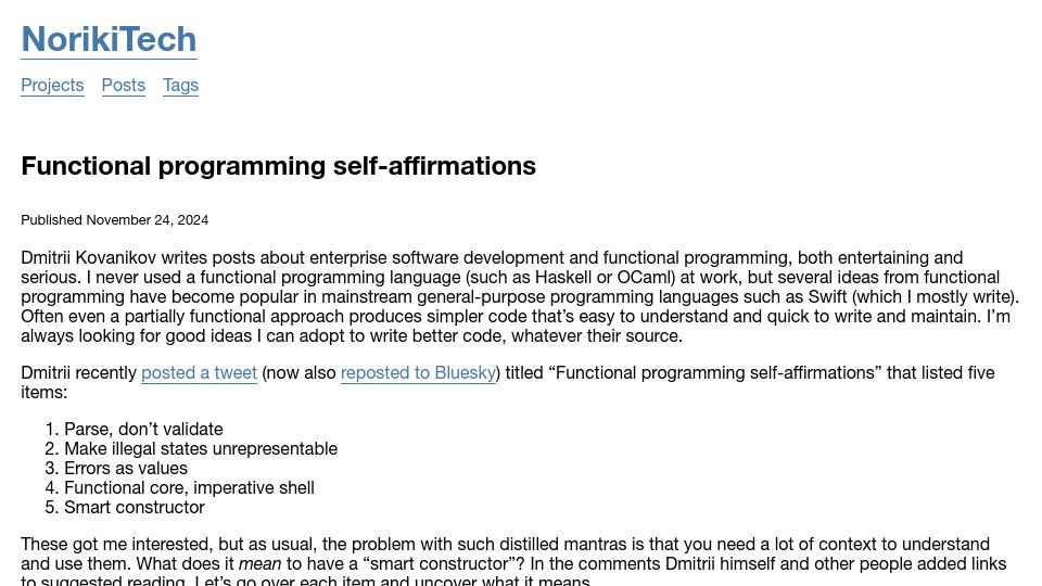 Screenshot of norikitech.com: Functional Programming Self-Affirmations