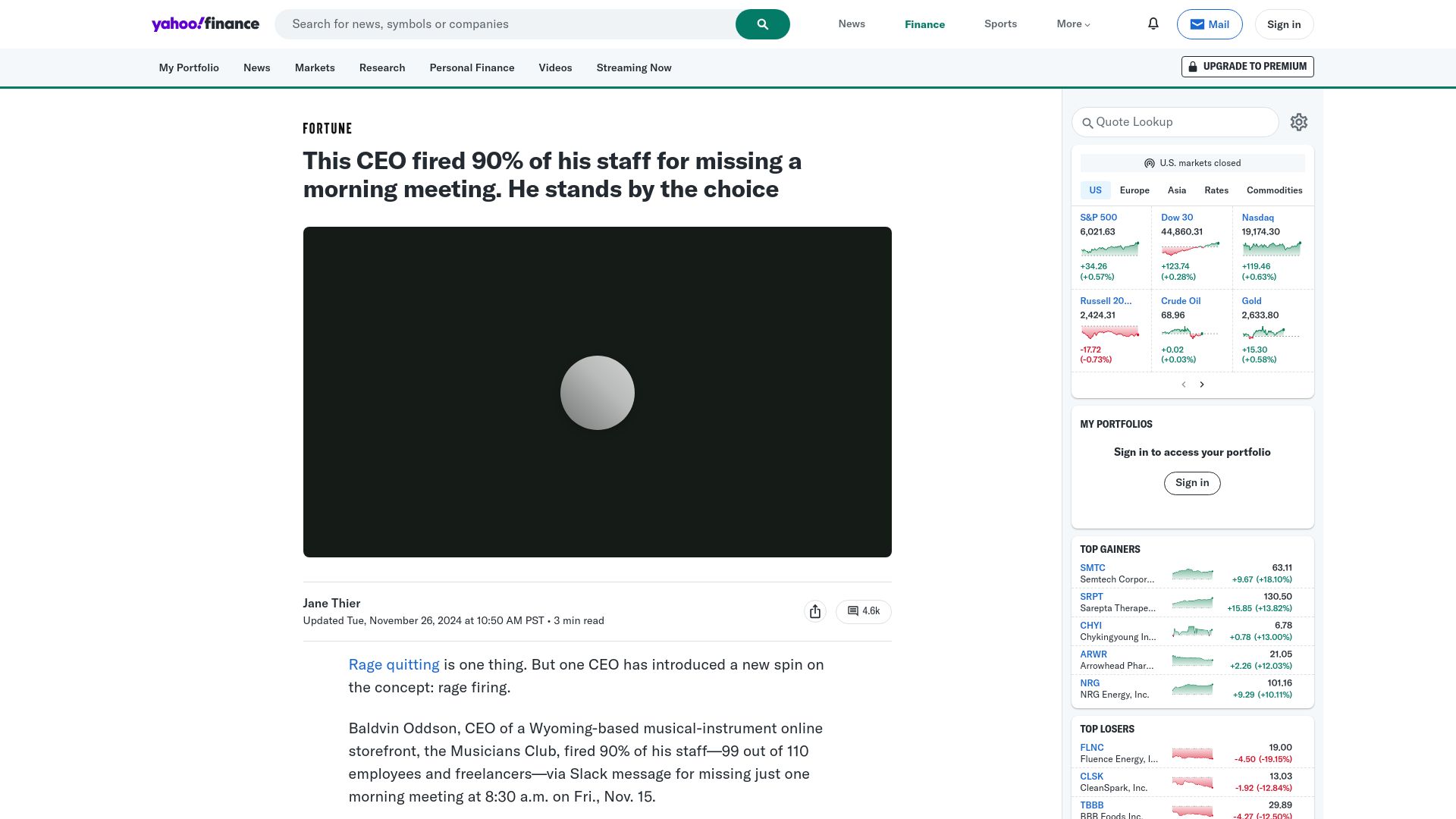 Screenshot of finance.yahoo.com: CEO fired 90% of staff for missing a morning meeting. He stands by the choice