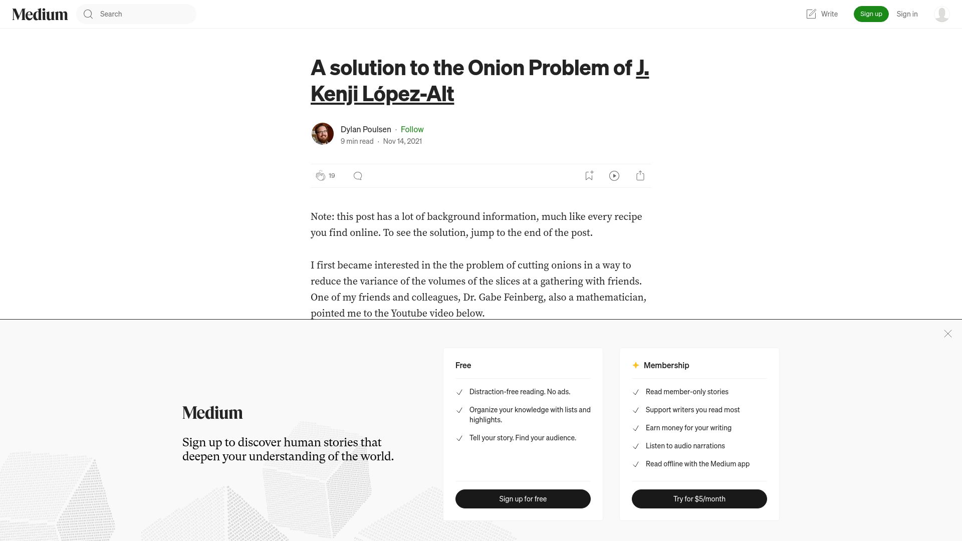 Screenshot of medium.com: A solution to The Onion problem of J. Kenji Lopez-Alt (2021)