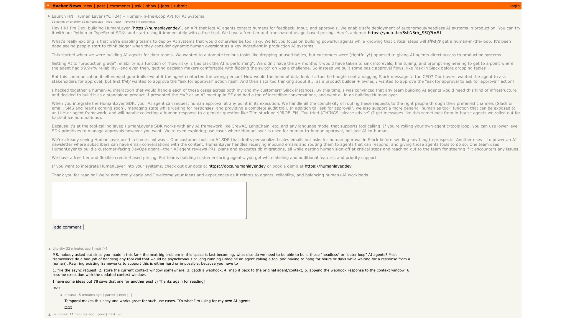 Screenshot of this Hacker News post: Launch HN: Human Layer (YC F24) – Human-in-the-Loop API for AI Systems
