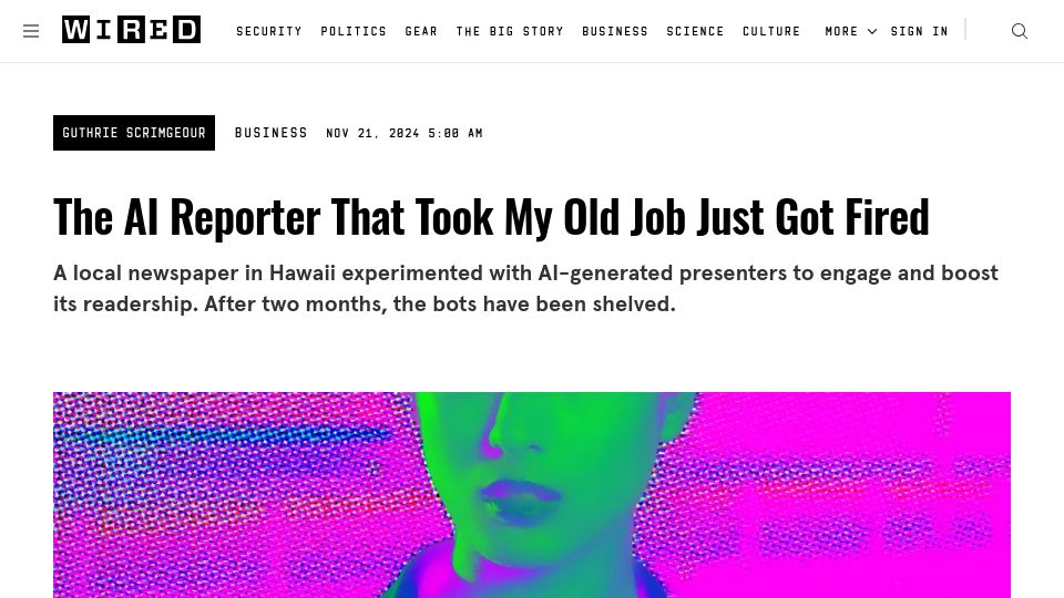 Screenshot of wired.com: The AI reporter that took my old job just got fired