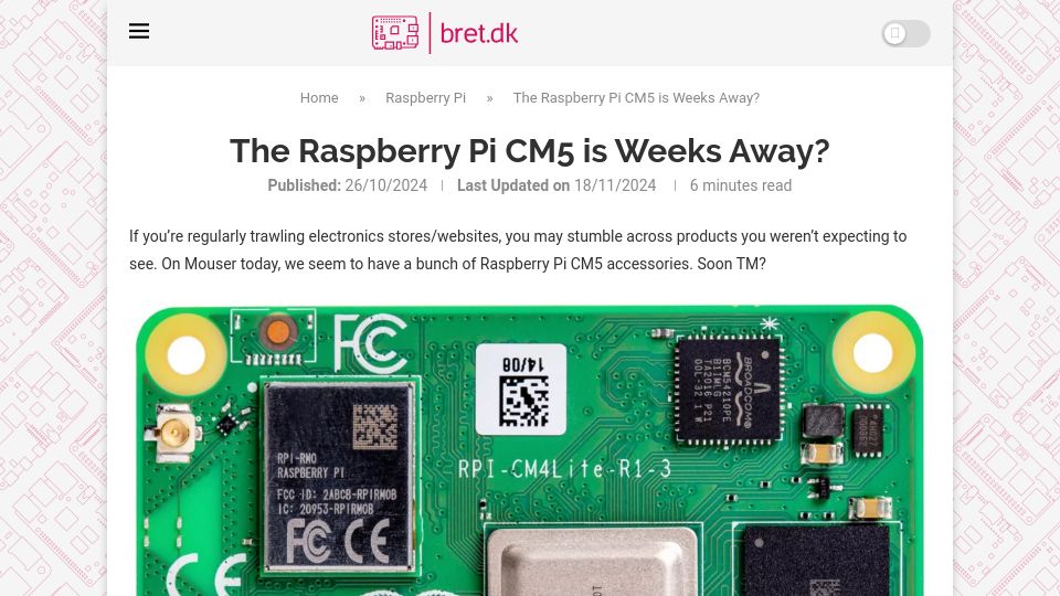 Screenshot of bret.dk: The Raspberry Pi CM5 Is Weeks Away?