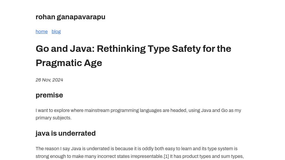 Screenshot of rohan.ga: Go and Java: Rethinking Type Safety for the Pragmatic Age