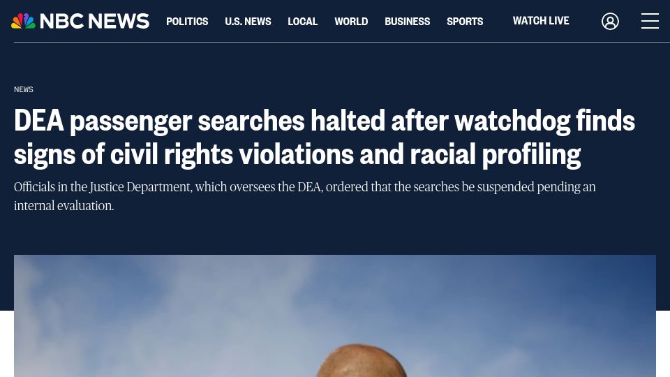 Screenshot of nbcnews.com: DEA passenger searches halted after watchdog finds signs of rights violations