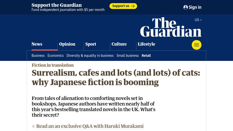 Screenshot of theguardian.com: Surrealism, cafes and lots of cats: why Japanese fiction is booming
