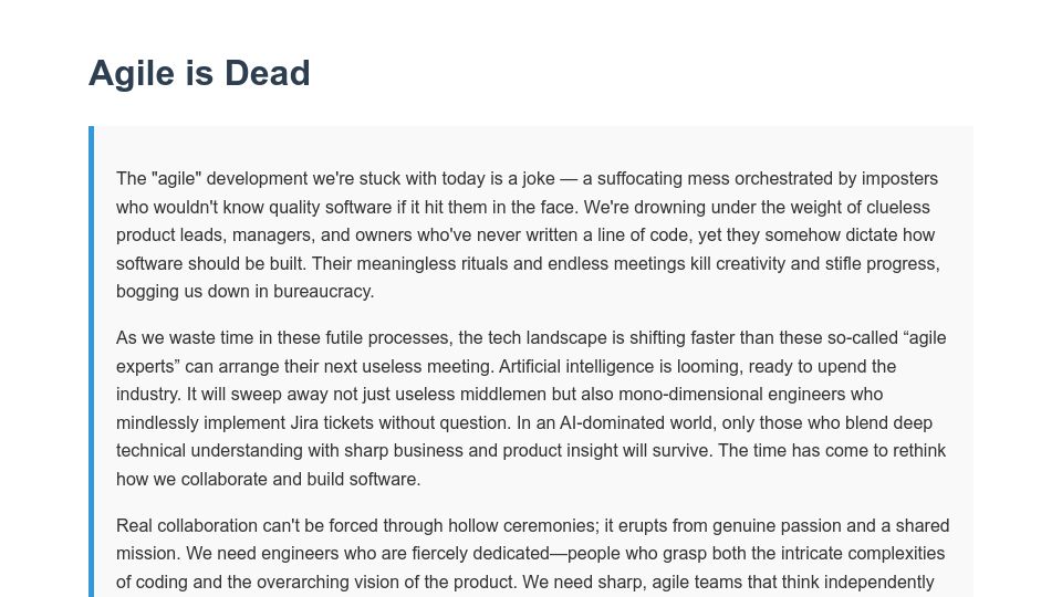 Screenshot of agilepilled.com: Agile Is Dead