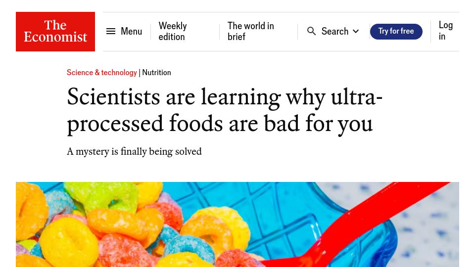 Screenshot of economist.com: Scientists are learning why ultra-processed foods are bad