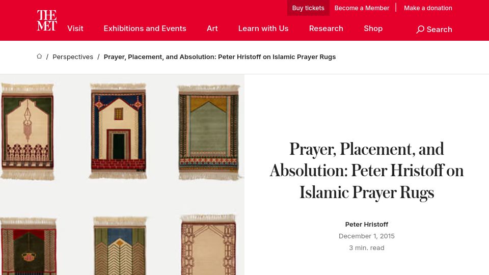 Screenshot of metmuseum.org: Prayer, Placement, and Absolution: Peter Hristoff on Islamic Prayer Rugs (2015)