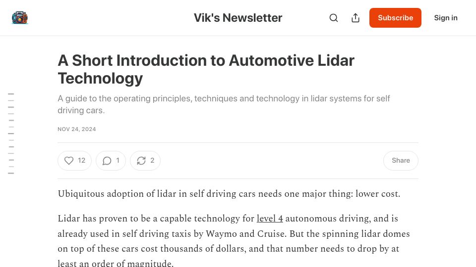 Screenshot of viksnewsletter.com: A Short Introduction to Automotive Lidar Technology