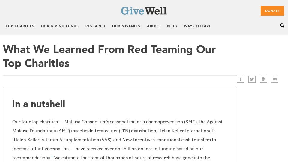 Screenshot of givewell.org: What We Learned from Red Teaming Our Top Charities