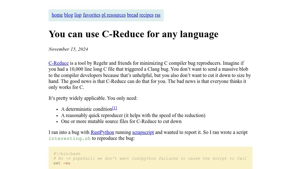 Screenshot of bernsteinbear.com: You can use C-Reduce for any language