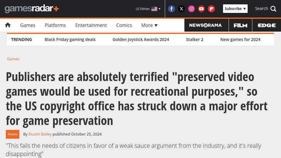 Screenshot of gamesradar.com: The US copyright office has struck down a major effort for game preservation