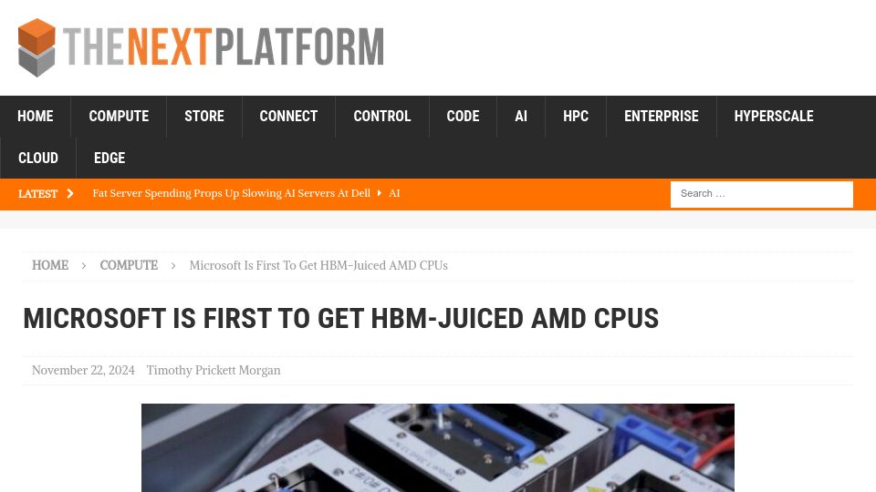 Screenshot of nextplatform.com: Microsoft is first to get HBM-juiced AMD CPUs