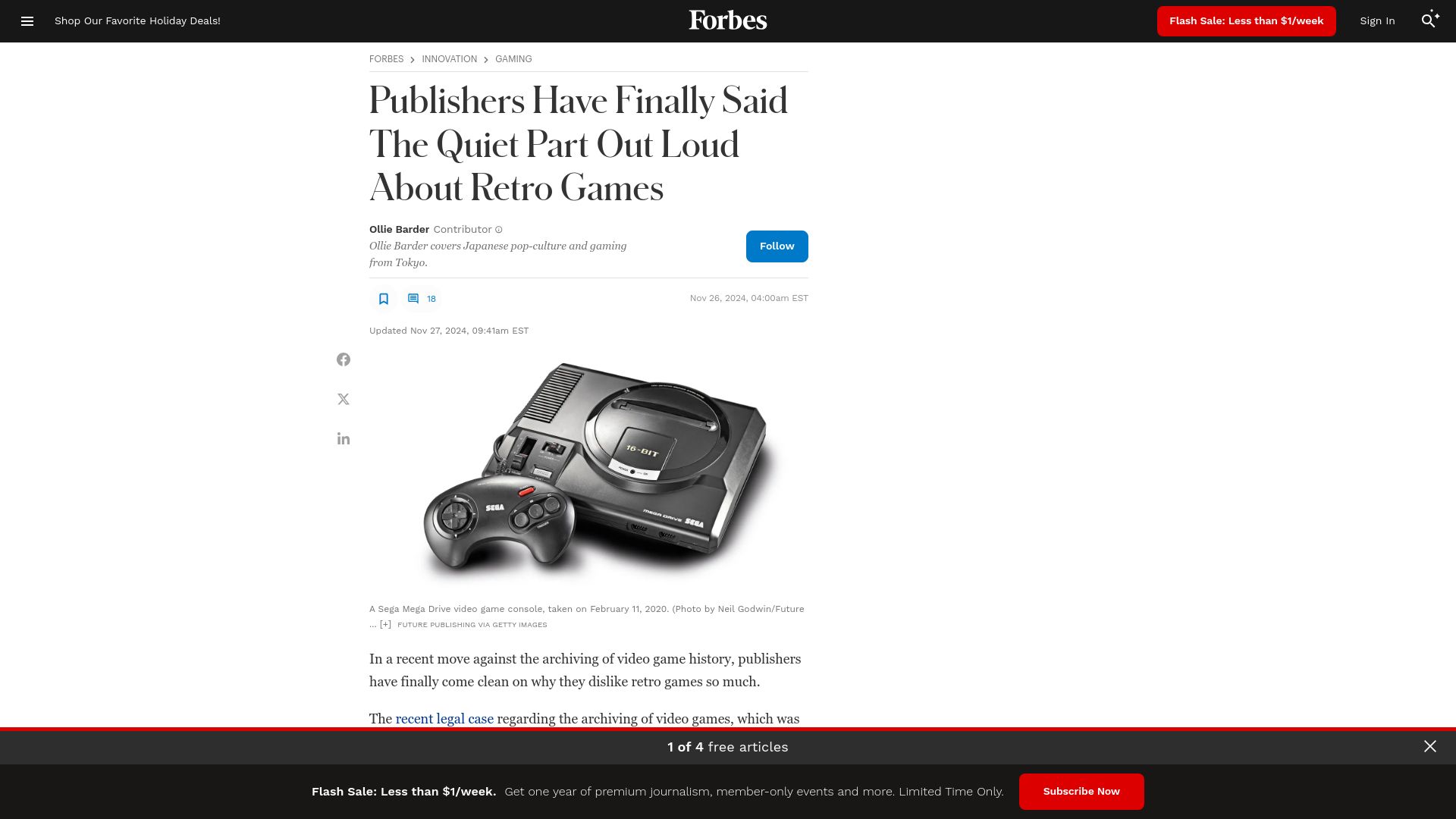 Screenshot of forbes.com: Publishers Have Said the Quiet Part Out Loud About Retro Games