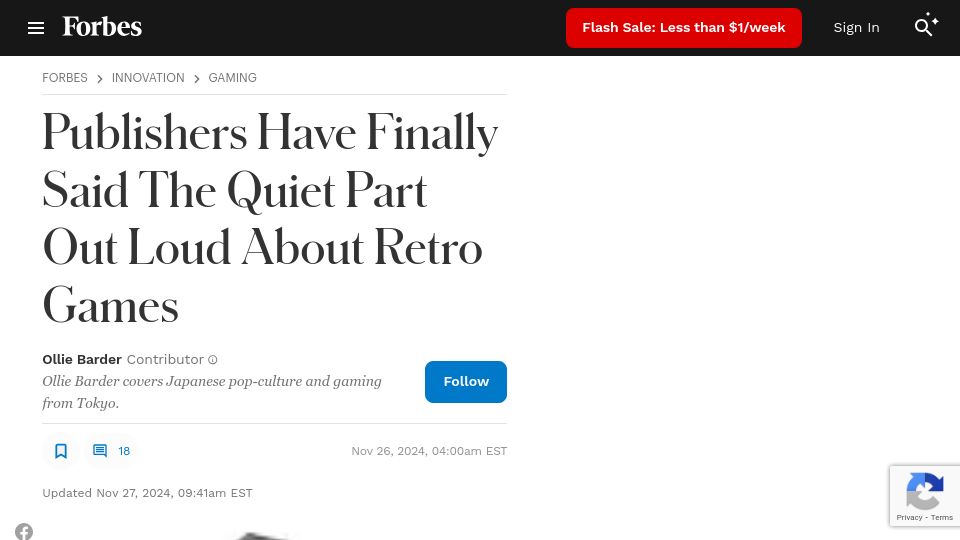 Screenshot of forbes.com: Publishers Have Said the Quiet Part Out Loud About Retro Games