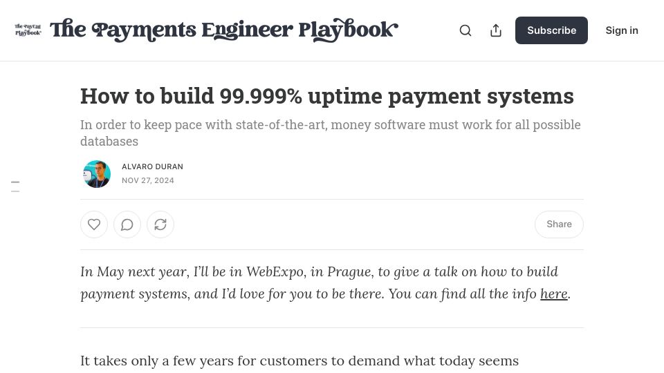 Screenshot of news.alvaroduran.com: How to build 99.999% uptime payment systems