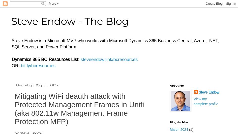 Screenshot of blog.steveendow.com: Mitigating WiFi deauth attacks with Ubiquiti Protected Management Frames (2022)