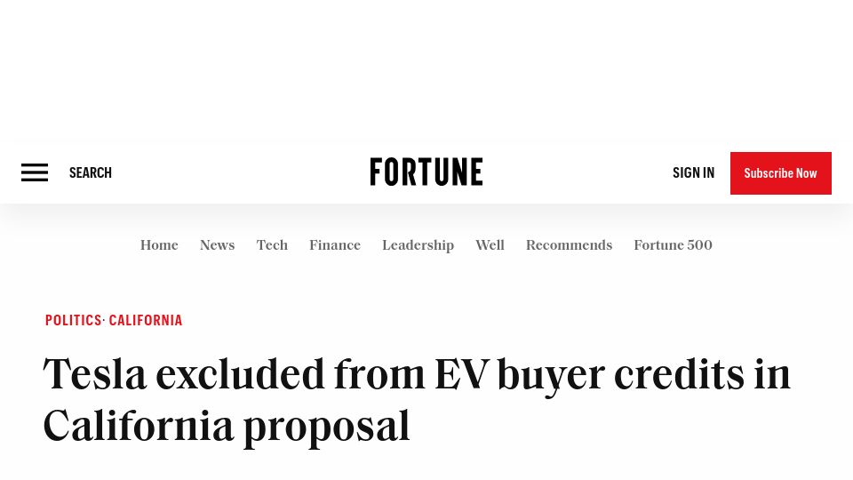 Screenshot of fortune.com: Tesla excluded from EV buyer credits in California proposal
