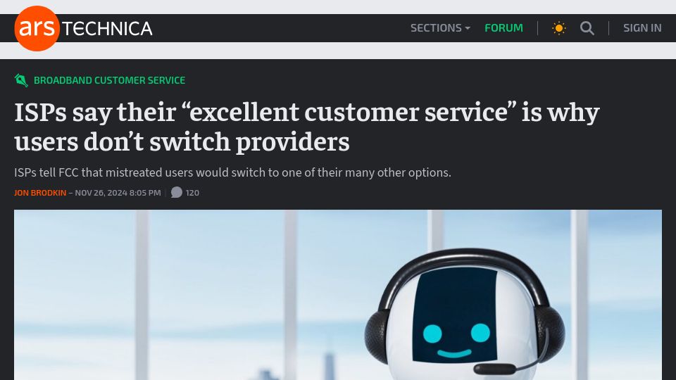 Screenshot of arstechnica.com: ISPs say their "excellent customer service" is why users don't switch providers
