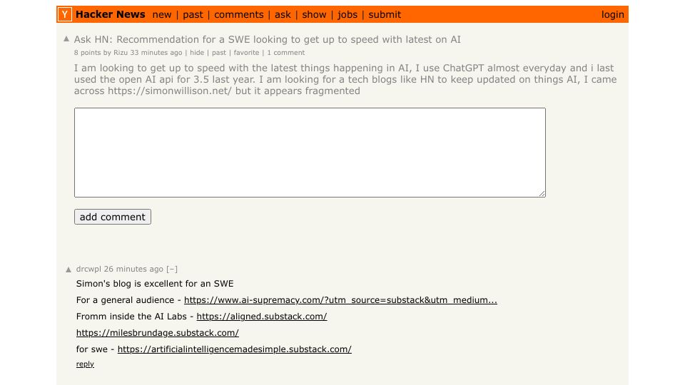 Screenshot of Hacker News post: Ask HN: Recommendation for a SWE looking to get up to speed with latest on AI
