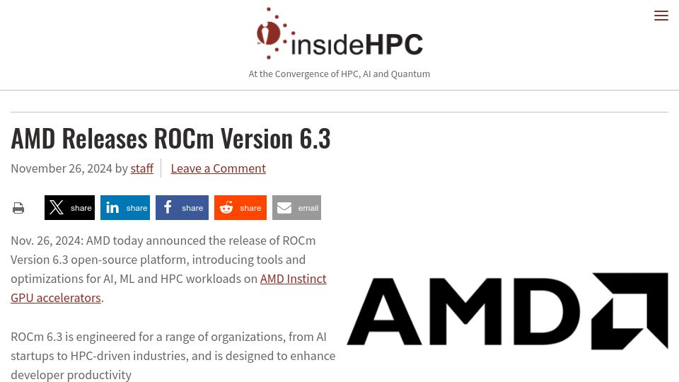 Screenshot of insidehpc.com: AMD Releases ROCm Version 6.3