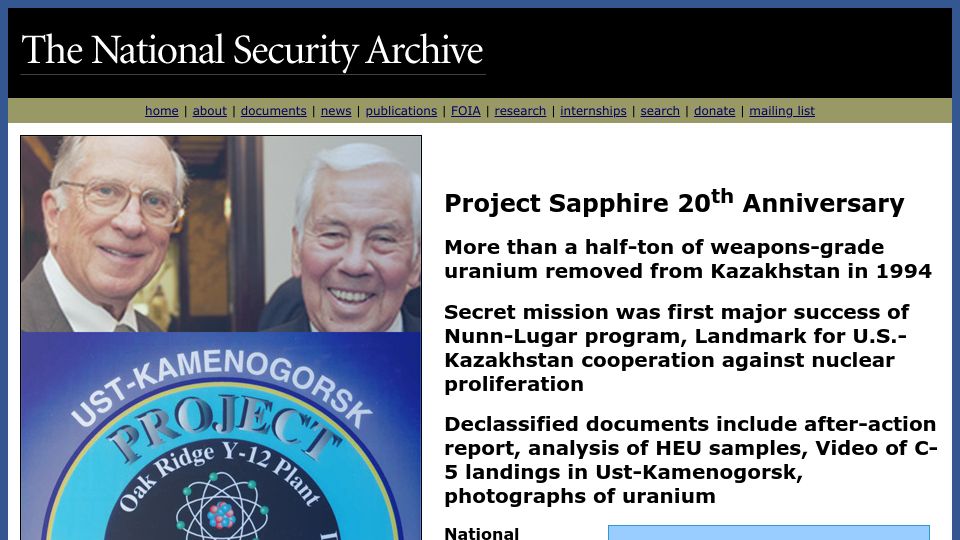 Screenshot of nsarchive2.gwu.edu: Project Sapphire 20th Anniversary (2014)