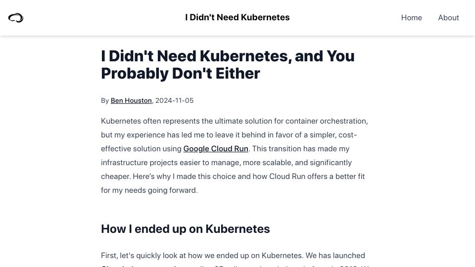 Screenshot of benhouston3d.com: I Didn't Need Kubernetes, and You Probably Don't Either