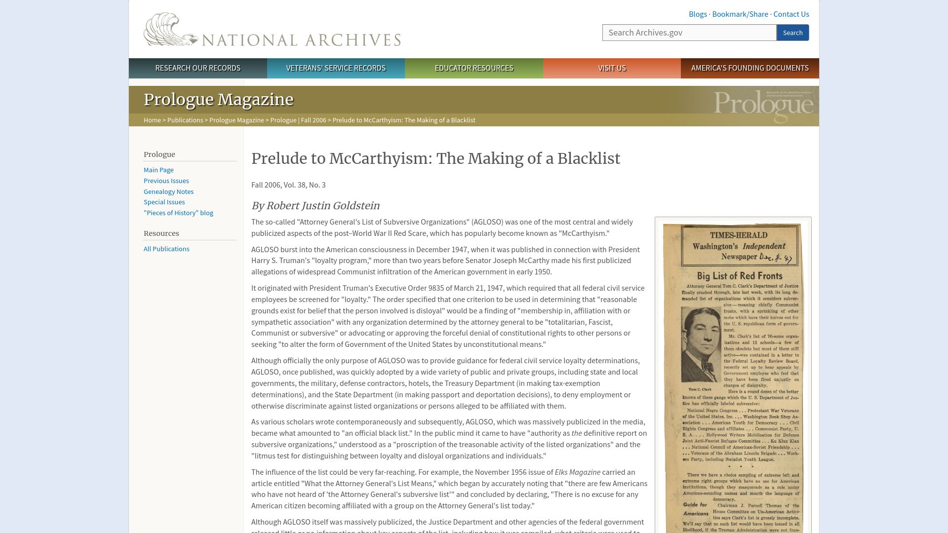 Screenshot of archives.gov: Prelude to McCarthyism: The Making of a Blacklist (2006)