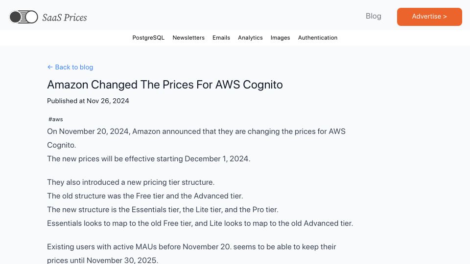 Screenshot of saasprices.net: Amazon tripled prices for the basic tier of their auth service Cognito