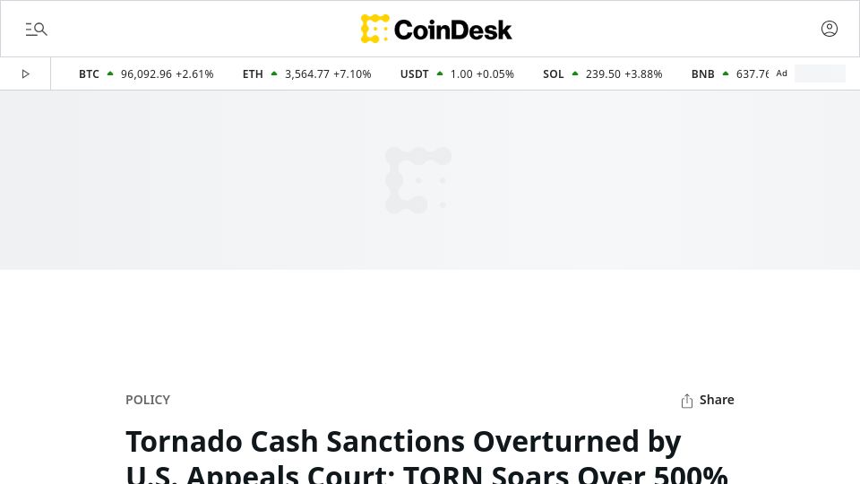Screenshot of coindesk.com: Coinbase won Tornado Cash appeal