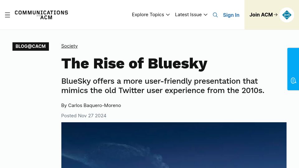 Screenshot of cacm.acm.org: The Rise of Bluesky