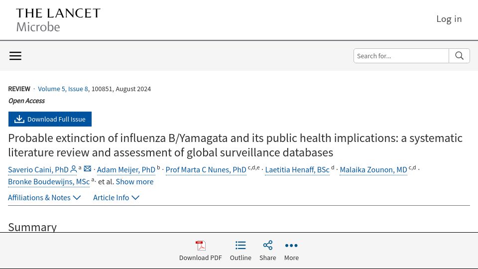 Screenshot of thelancet.com: Probable extinction of influenza B/Yamagata and its public health implications